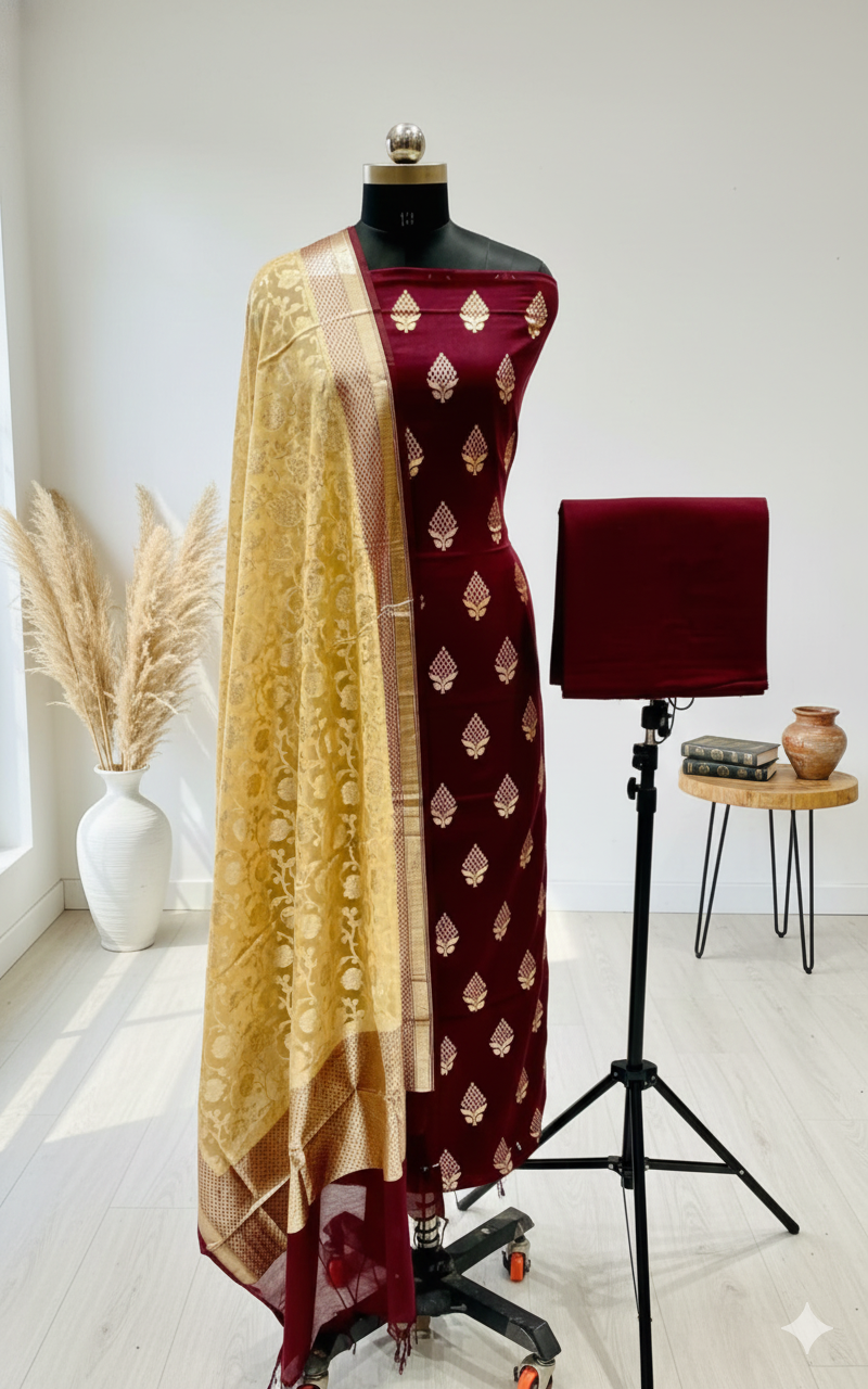 Maroon saree with gold border on a mannequin against a white background