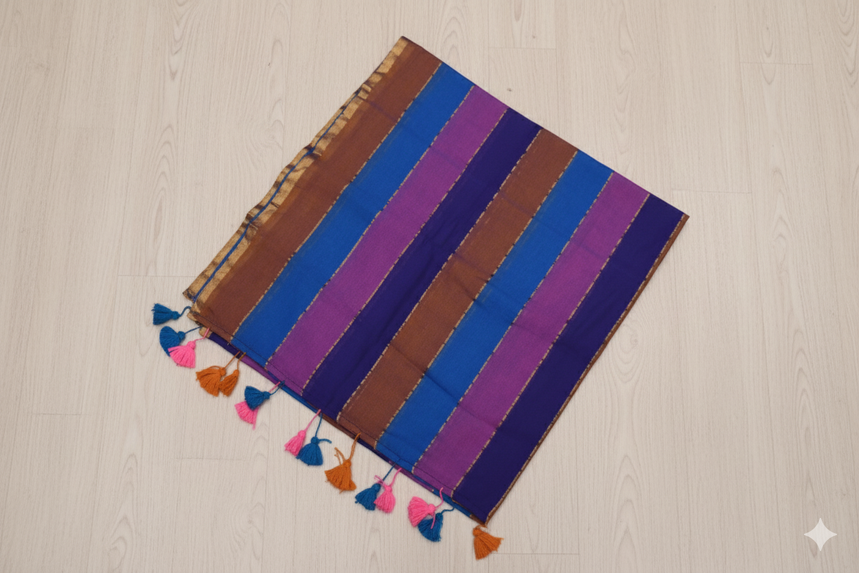 Colorful striped fabric with tassels on a beige background