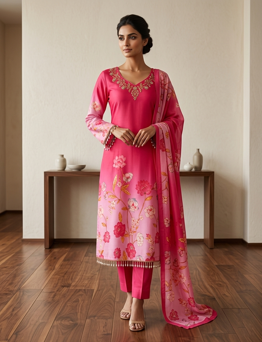 Women’s Soft Maslin Embroidered Suit Set with Handwork