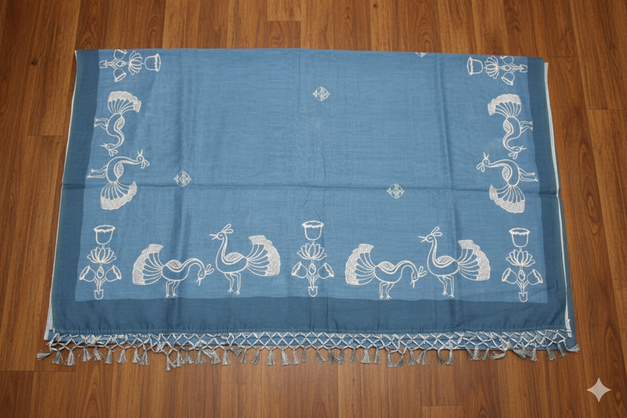 Blue saree with white patterns on a wooden floor