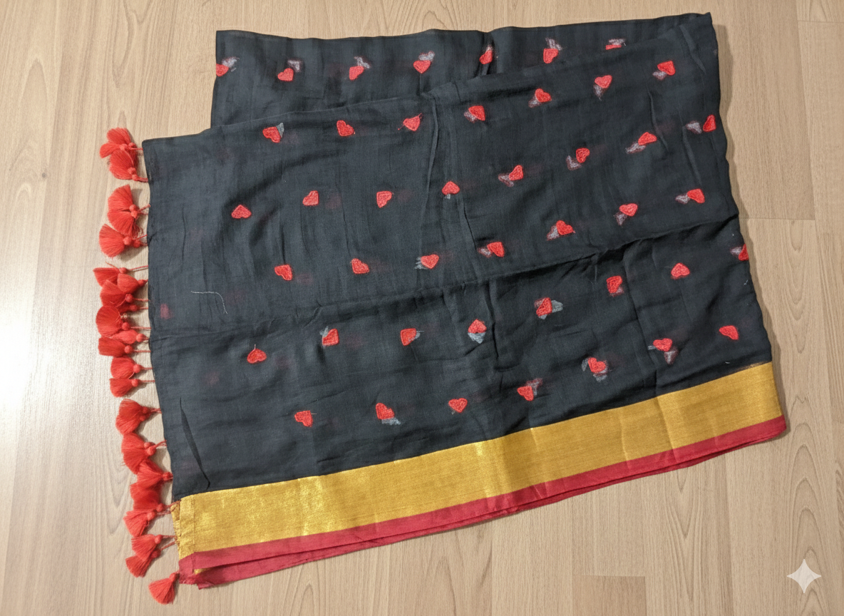 Black fabric with red heart patterns and red tassels on a wooden surface