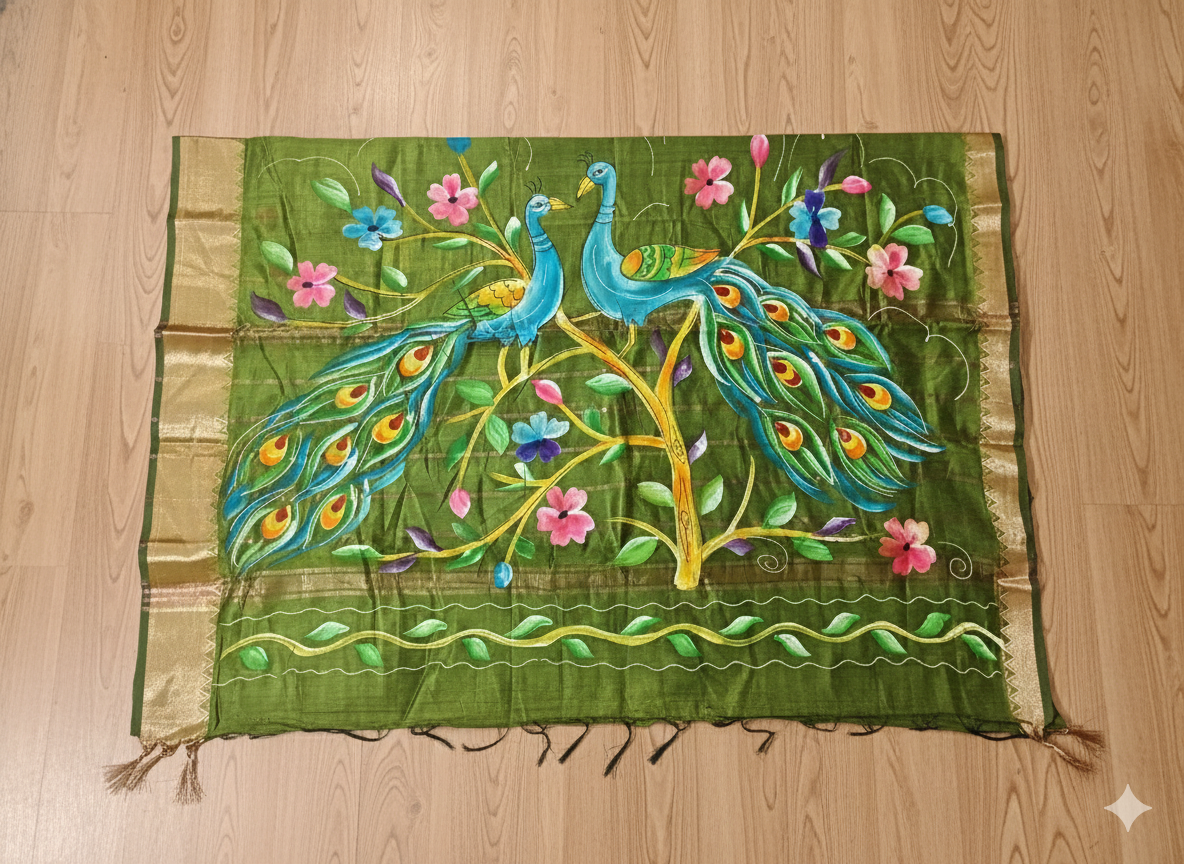 Decorative mat with peacock design on a wooden surface