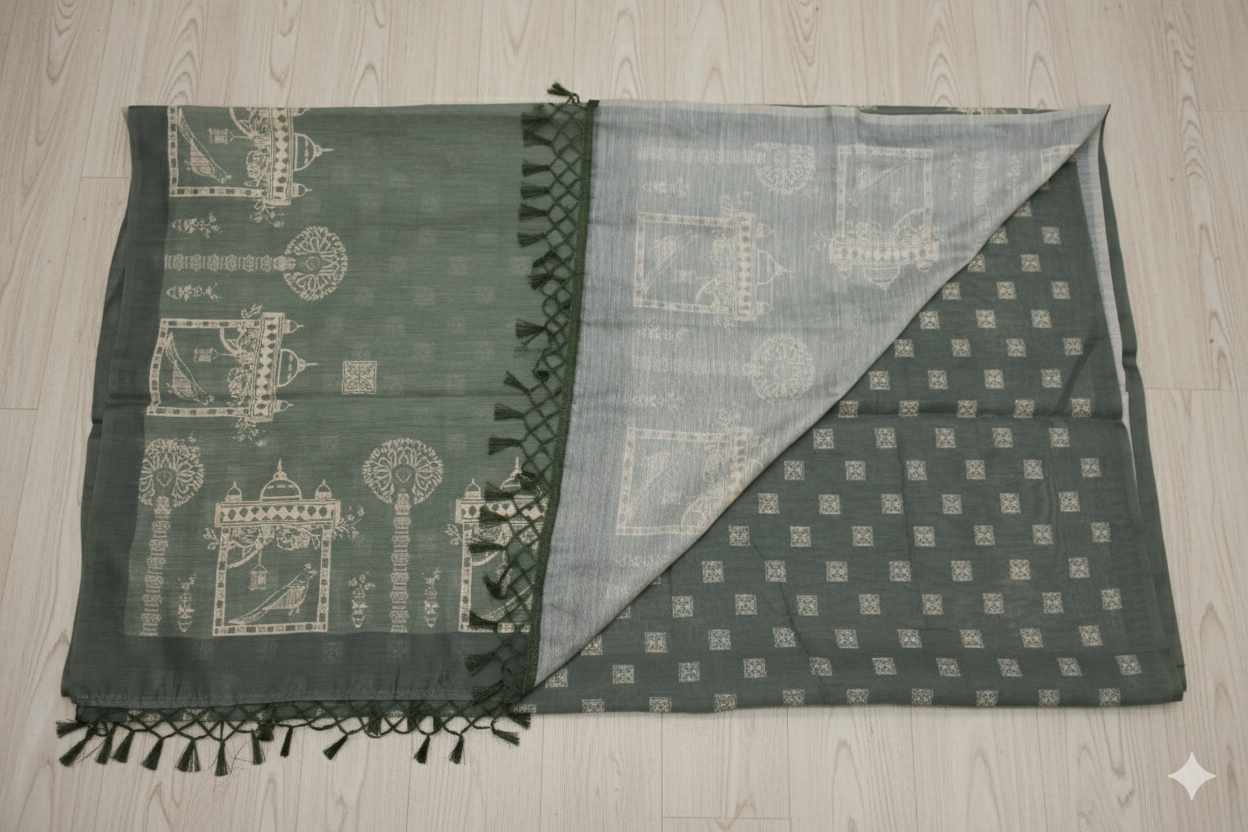 Green patterned fabric with tassels on a wooden floor