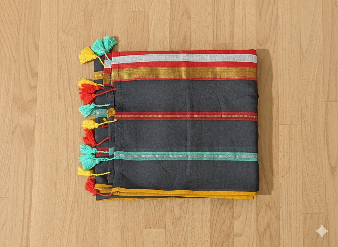 Black saree with colorful tassels on a wooden surface