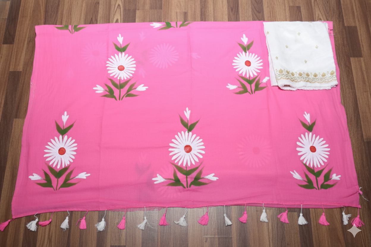 Pink fabric with floral patterns on a wooden floor
