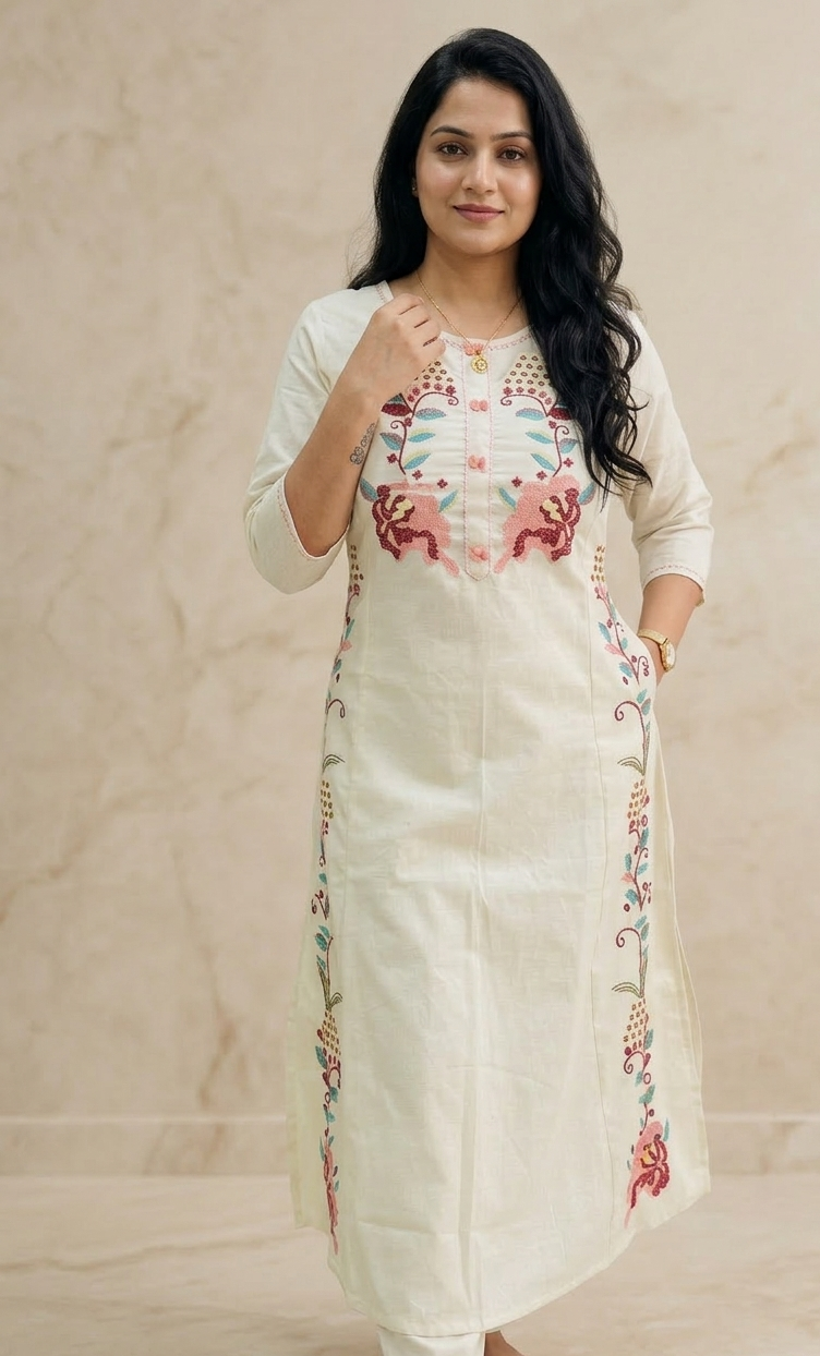 Cotton Kurti Pant Set with Heavy Embroidery | Elegant Straight Kurta Set | Samkri House