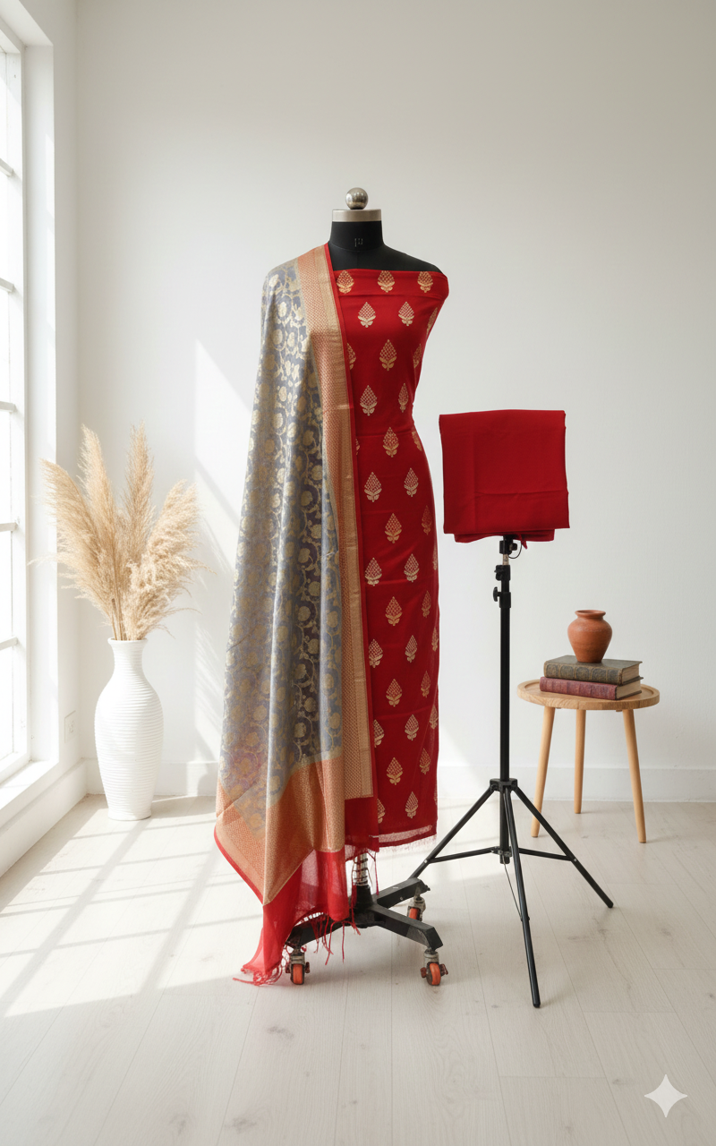 Red and gold saree on a mannequin with a lamp and small table in a bright room.