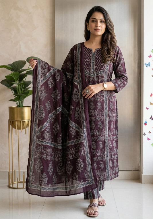 Designer Ajrak Pure Cotton Suit Set with Handwork