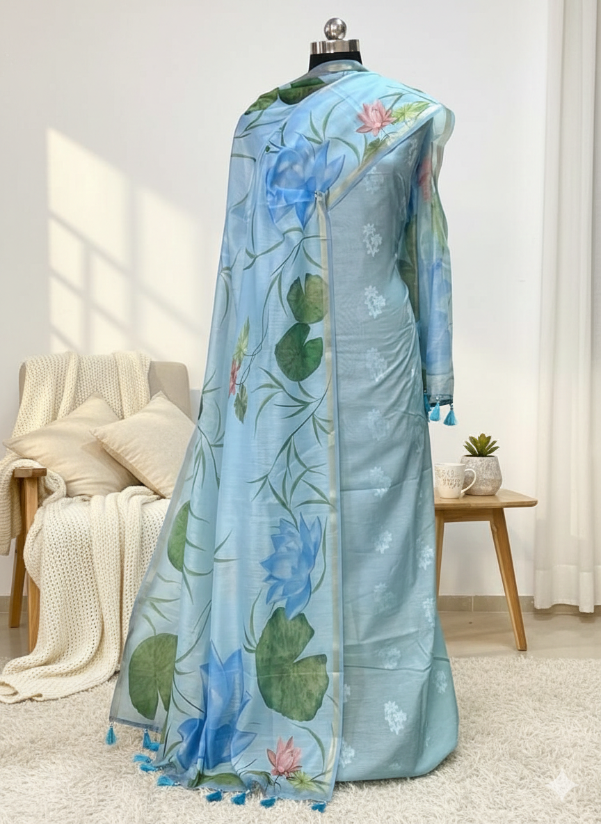 Light blue fabric with floral patterns on a mannequin against a neutral background