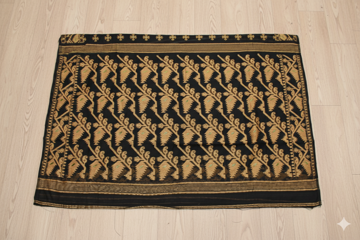 Decorative rug with geometric pattern on a wooden floor