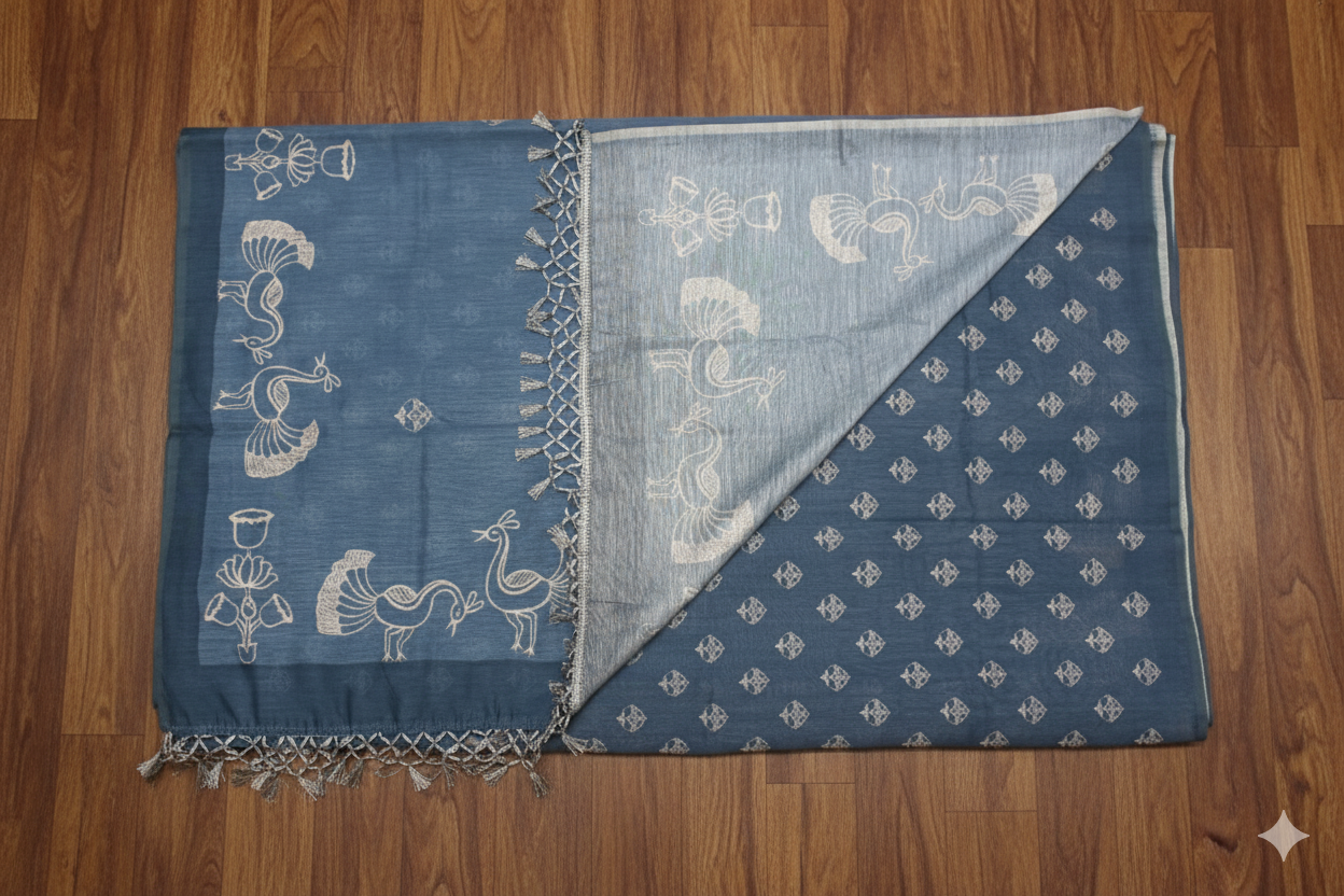 Blue fabric with white patterns on a wooden floor