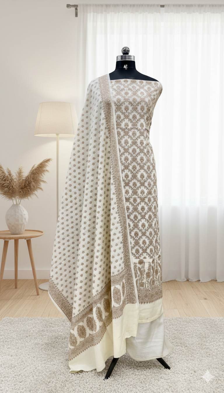 Mannequin wearing a patterned shawl in a room with a lamp and decorative plant.