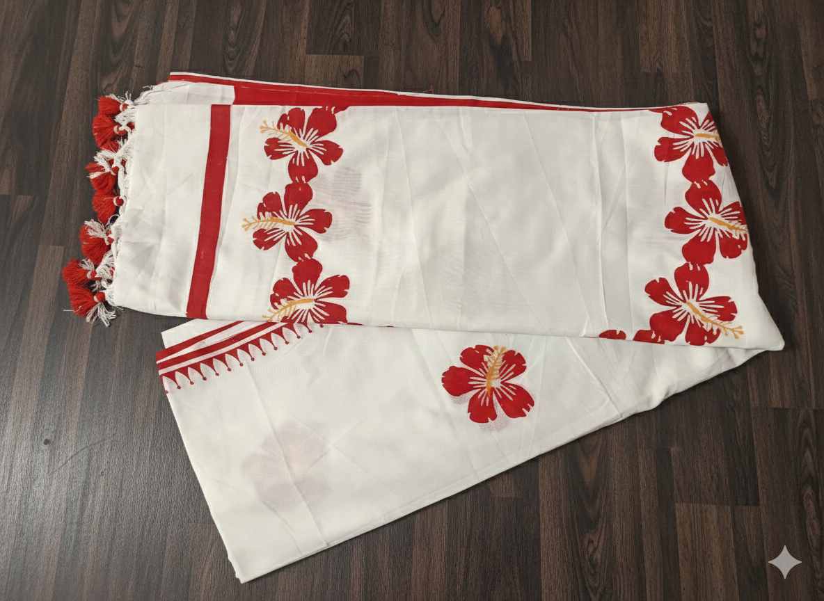 White fabric with red floral embroidery on a wooden surface