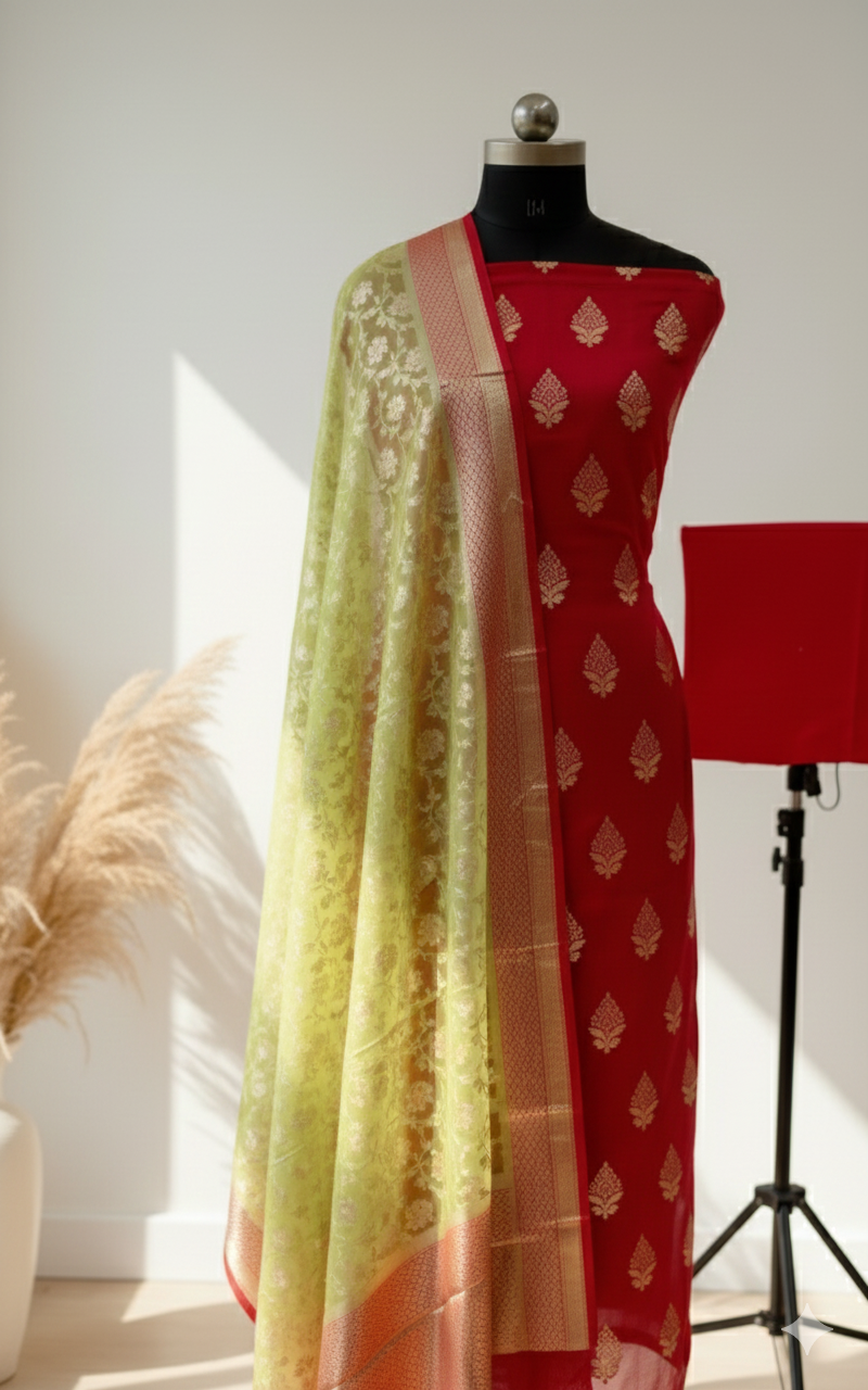 Red and green saree with gold patterns on a mannequin against a white background.