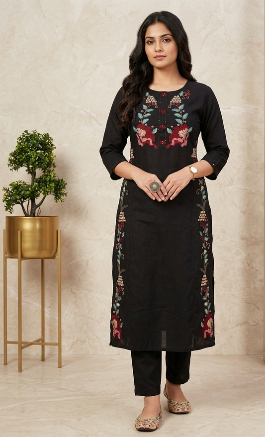 Cotton Kurti Pant Set with Heavy Embroidery | Elegant Straight Kurta Set | Samkri House