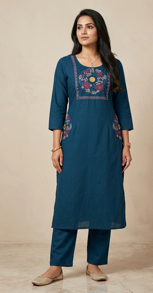 Stylish Embroidered Cotton Kurti Palazzo Set with Pockets | Designer Ethnic Wear | Samkri House