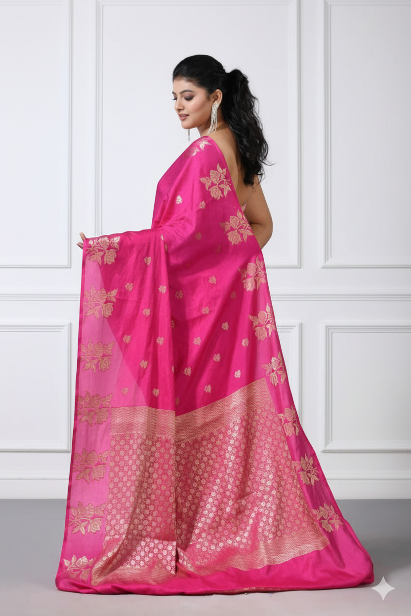 Woman wearing a pink saree with gold patterns against a white paneled wall.