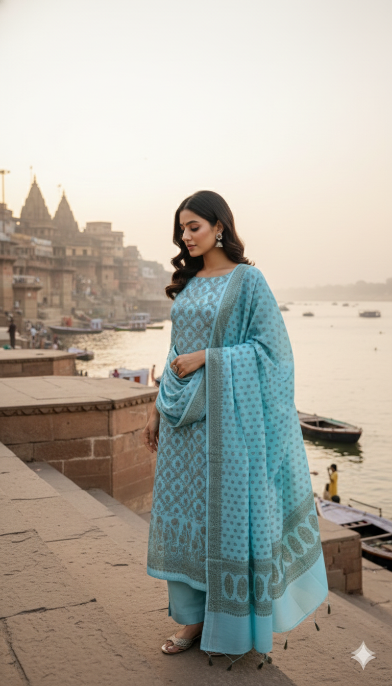 Woman in a light blue traditional outfit standing by a waterfront with architectural structures in the background.