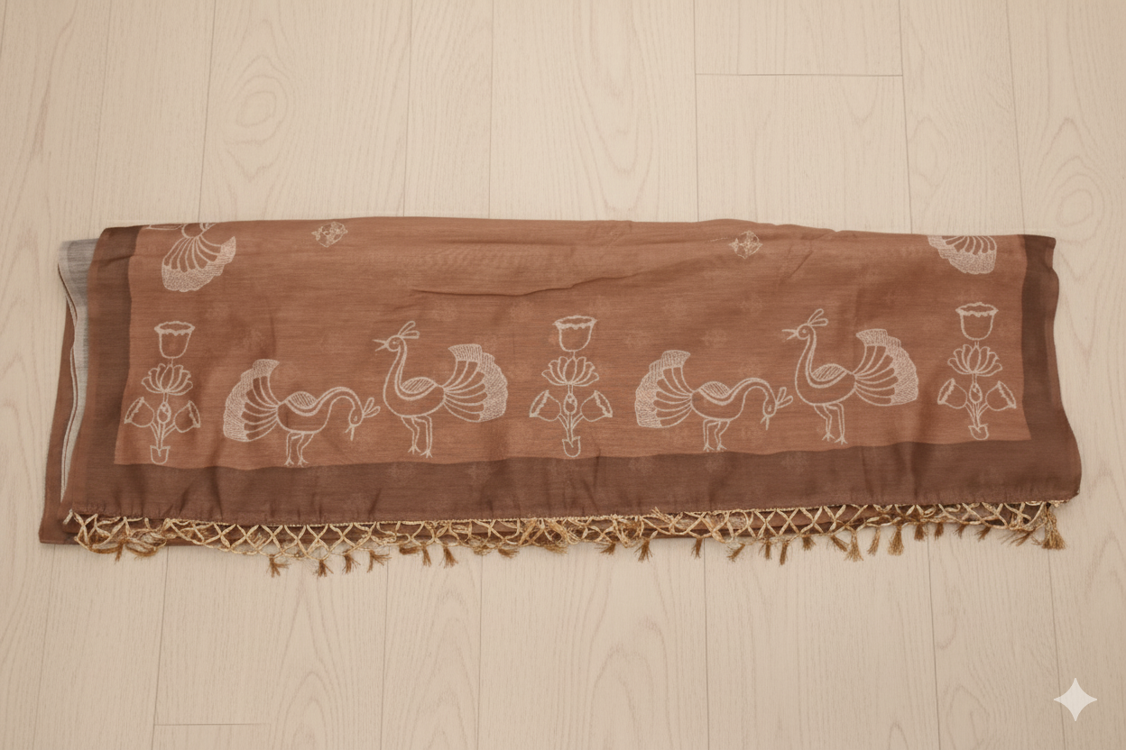 Brown saree with white patterns on a light wooden surface