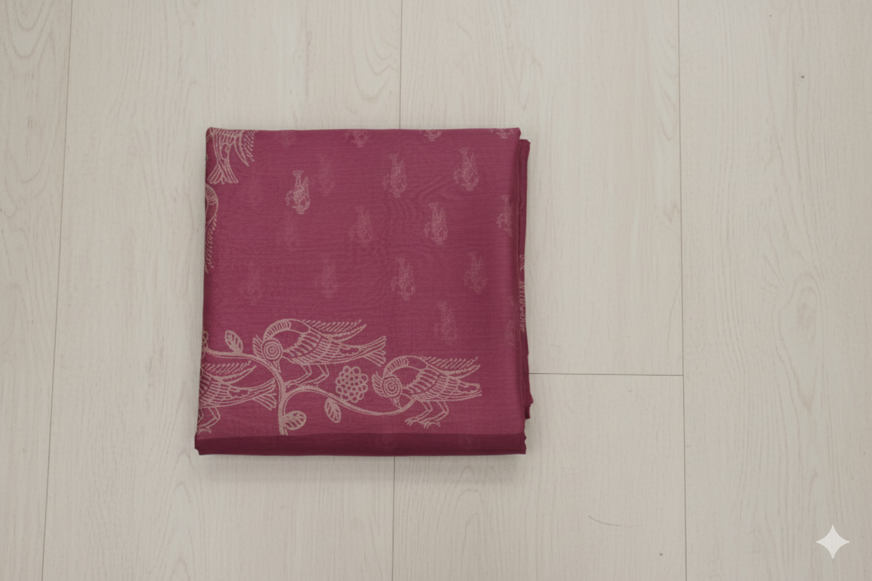 Folded pink fabric with white floral patterns on a light wooden floor.