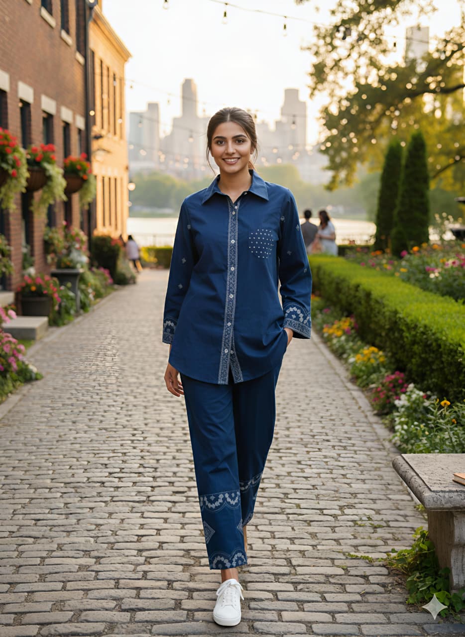 Woman in a blue outfit walking on a cobblestone path with a cityscape in the background