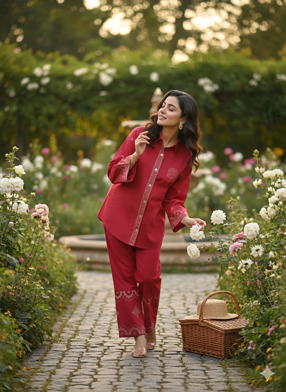 Woman in a red outfit standing in a garden with flowers and a picnic basket.