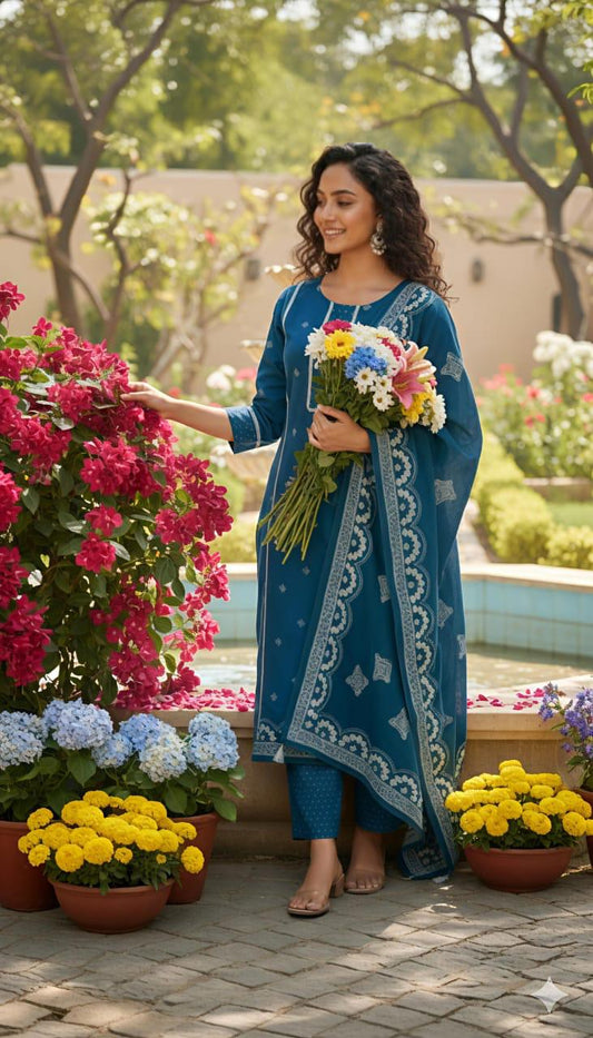 Woman in a blue traditional outfit holding flowers in a garden setting