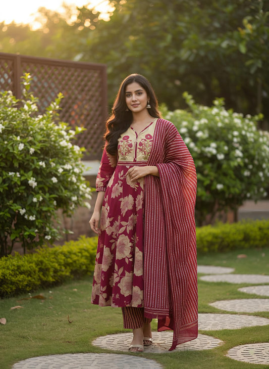 Woman in a maroon floral traditional outfit standing in a garden.