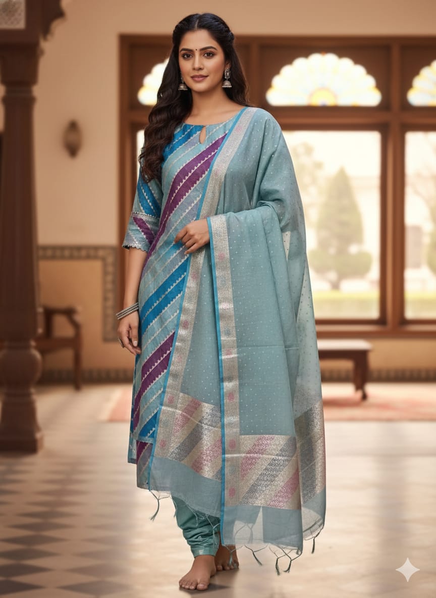 Woman wearing a traditional outfit with a blue and purple pattern in an indoor setting.