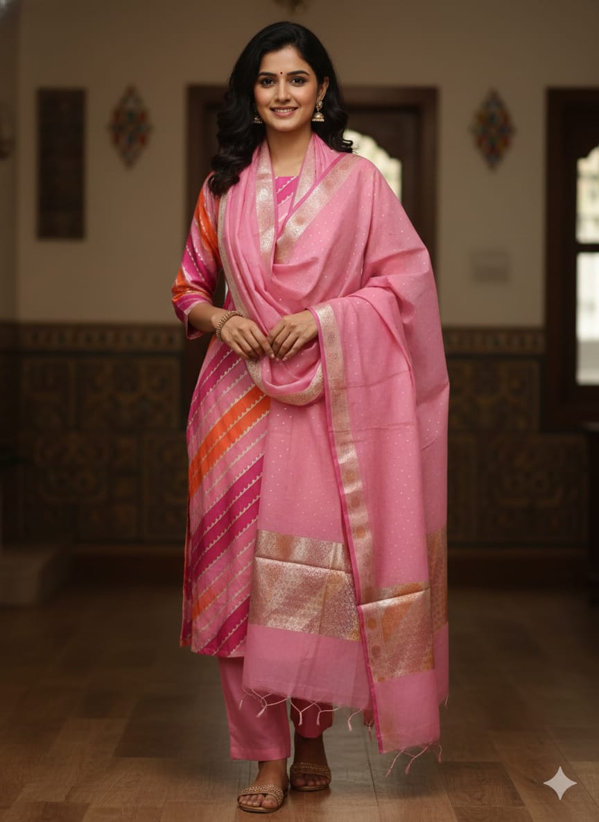 Woman wearing a pink traditional outfit with a matching dupatta in an indoor setting.