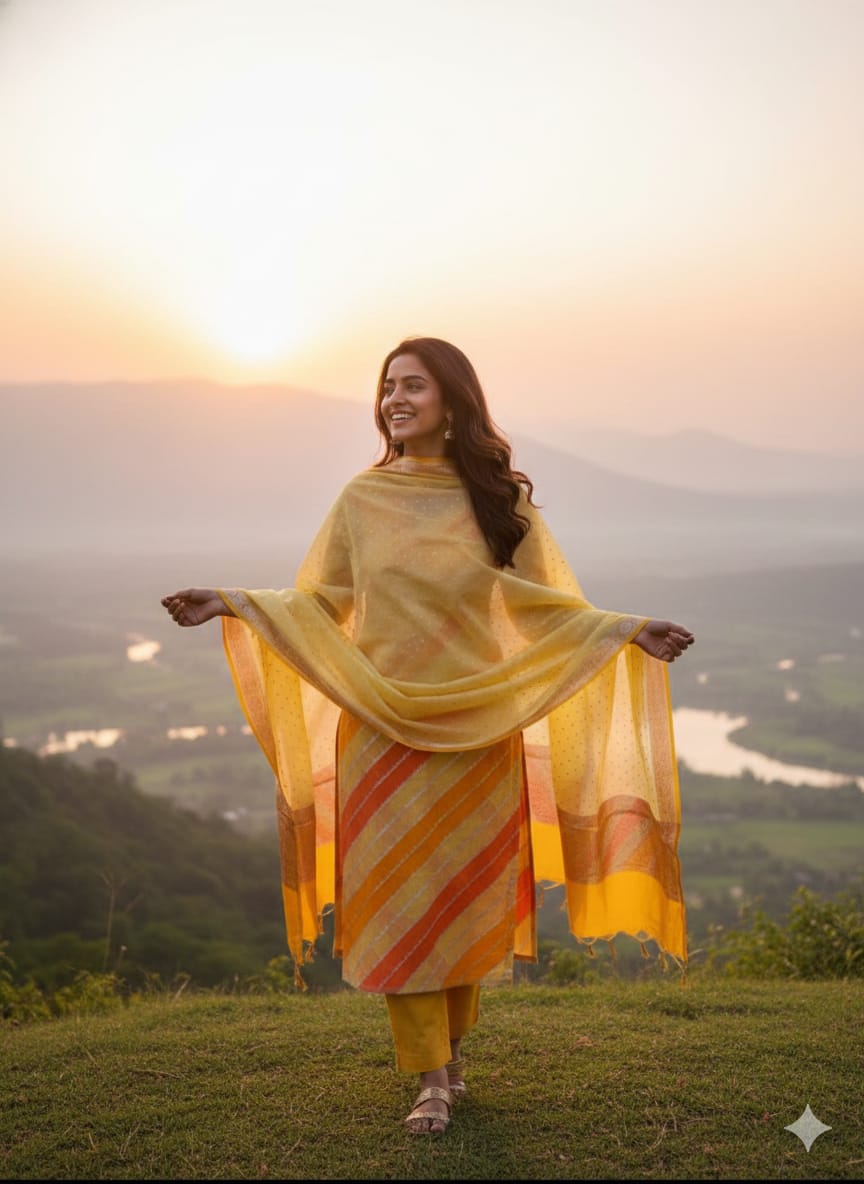 Woman in a yellow traditional outfit with a scenic background