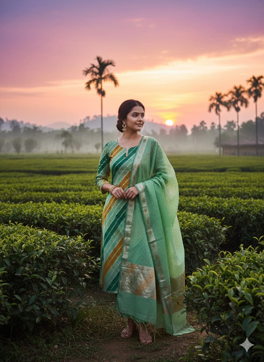 Woman in a green saree standing in a tea field with a sunset in the background