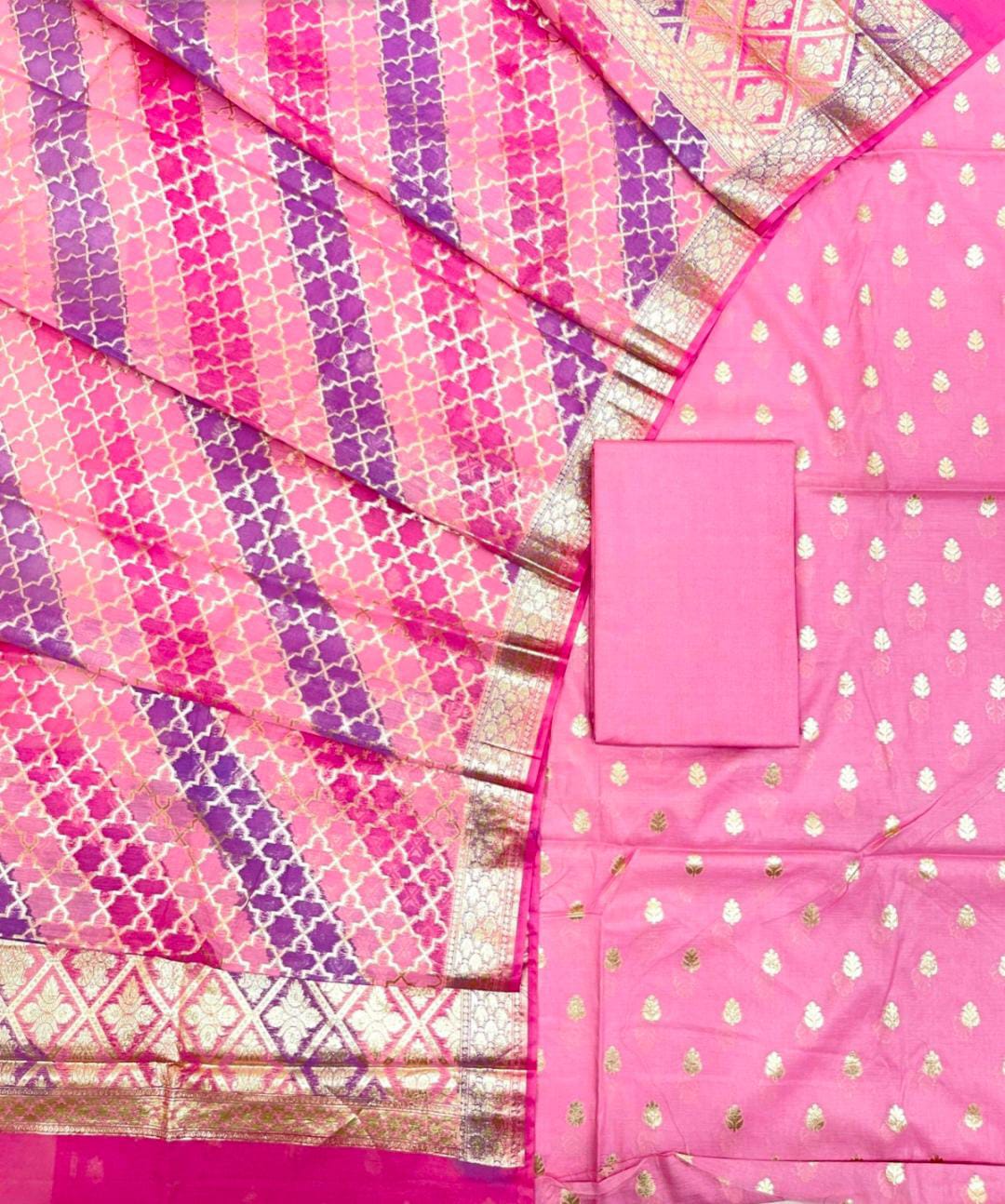 Pink saree with purple and gold patterns