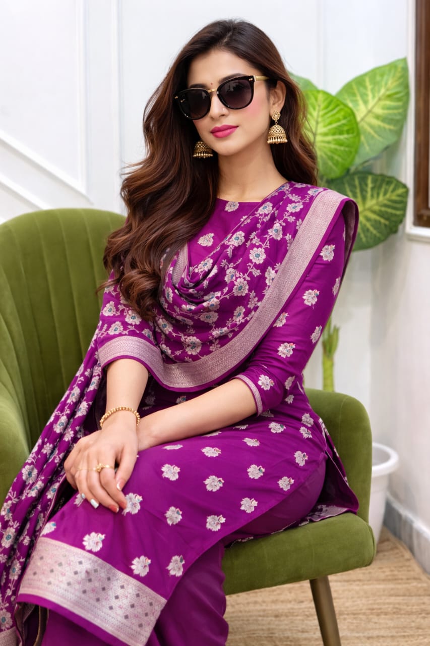 Woman wearing a purple saree with white patterns sitting on a green chair.