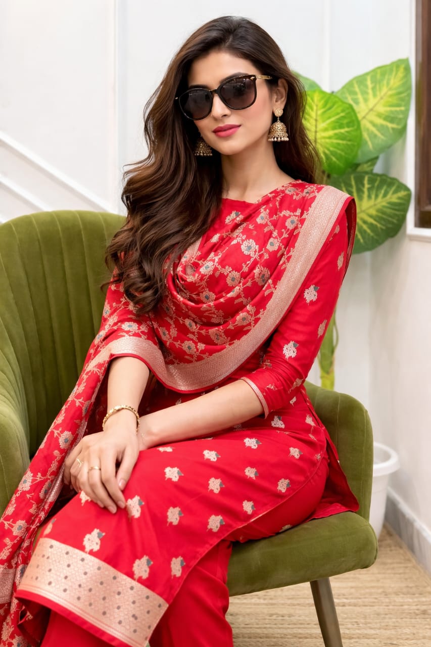 Woman in a red traditional outfit sitting on a green chair indoors.