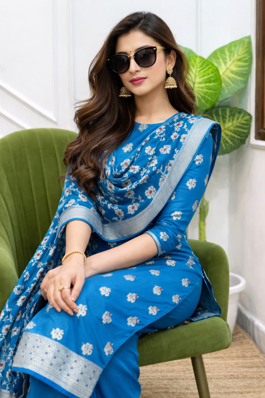 Woman wearing a blue floral saree sitting on a green chair indoors.