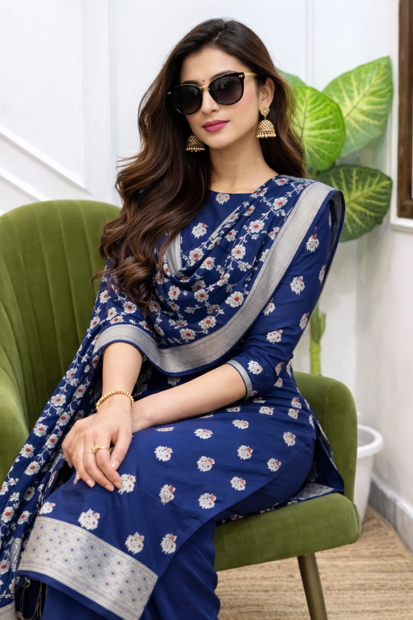 Woman wearing a blue floral saree sitting on a green chair indoors.