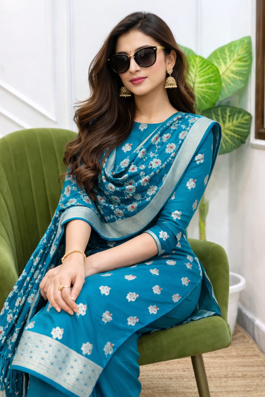 Woman wearing a blue floral saree sitting on a green chair indoors.
