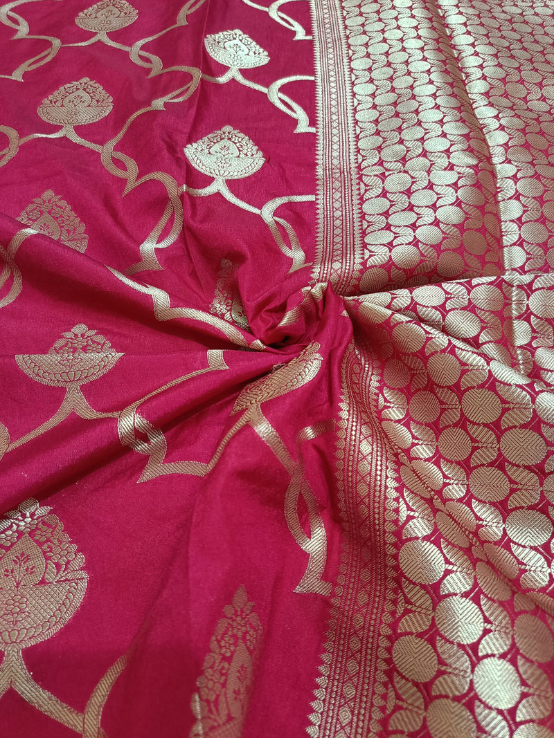 Pink saree with gold floral patterns