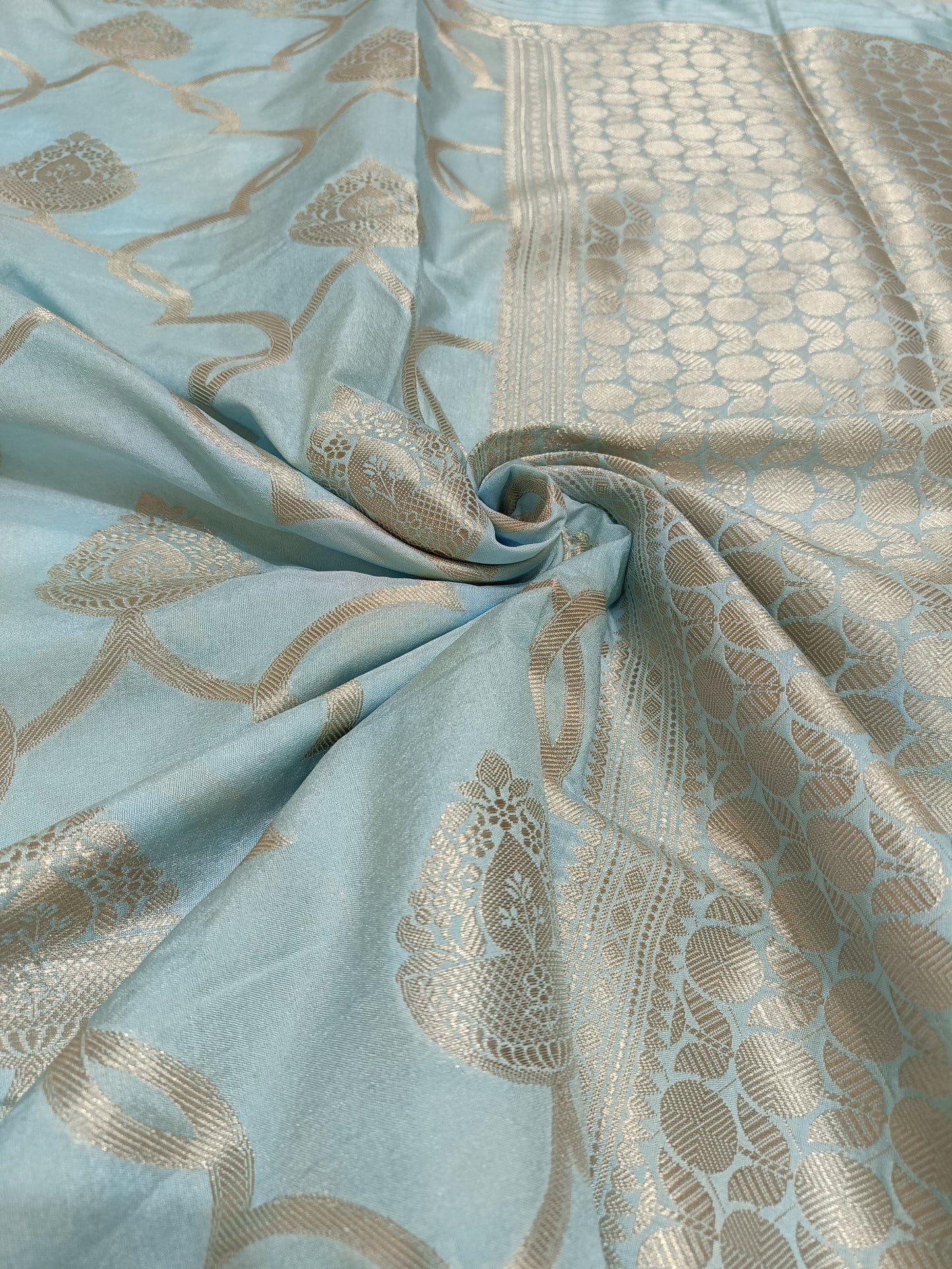 Premium Light Blue Banarasi Raw Mango Silk Saree with Small Buti Design