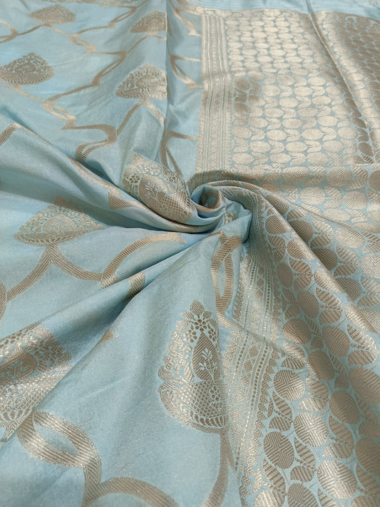 Premium Light Blue Banarasi Raw Mango Silk Saree with Small Buti Design