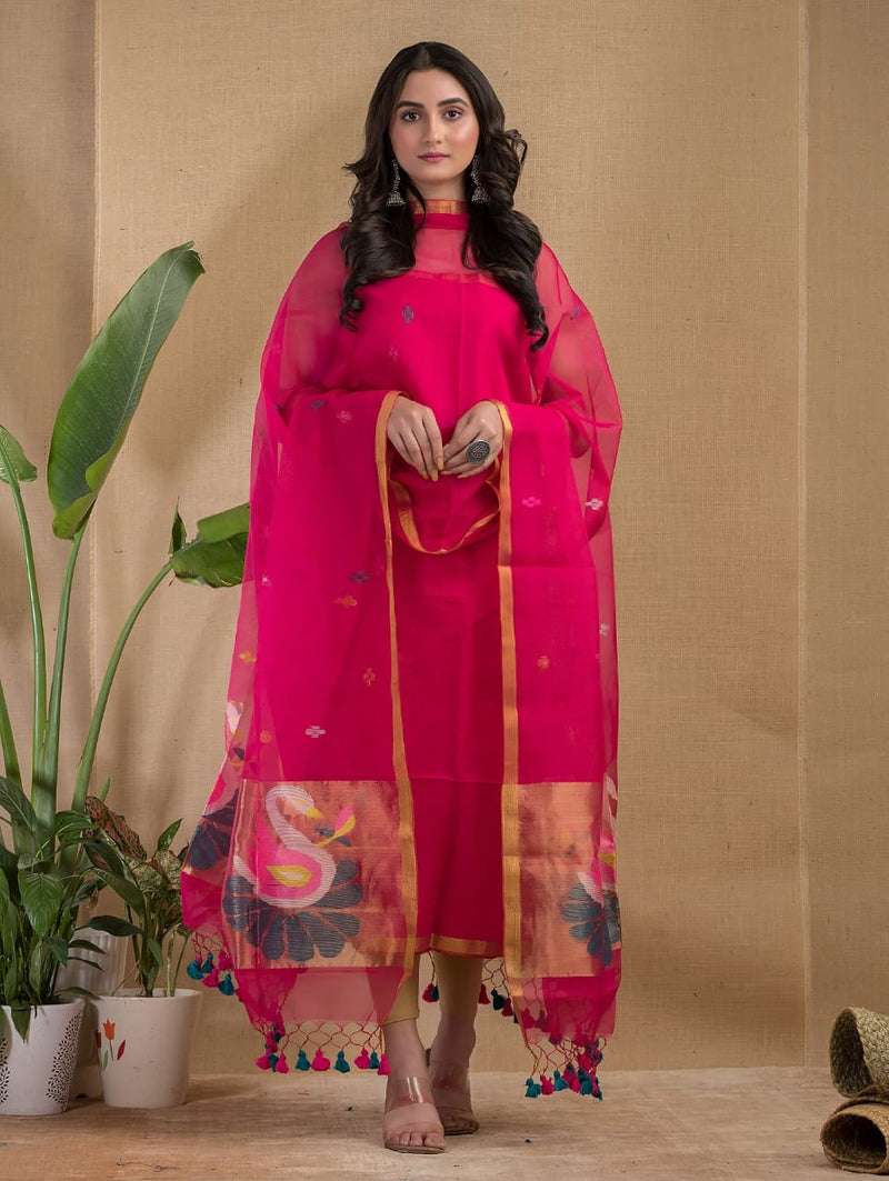 Handwoven Muslin Kurta Dupatta Set with Jamdani Work