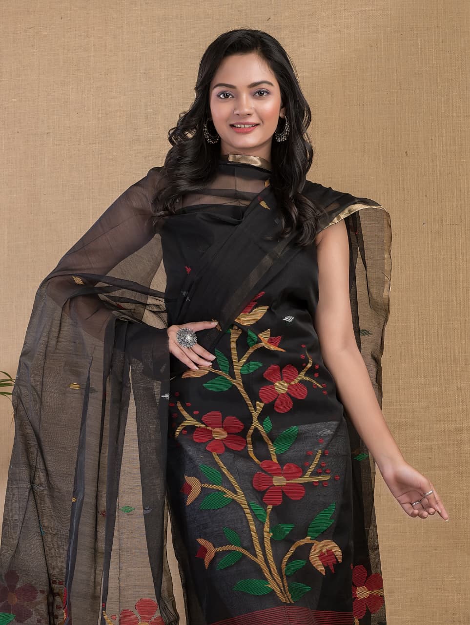 Black Maslin Jamdani Suit Set | Handwoven | Made in India