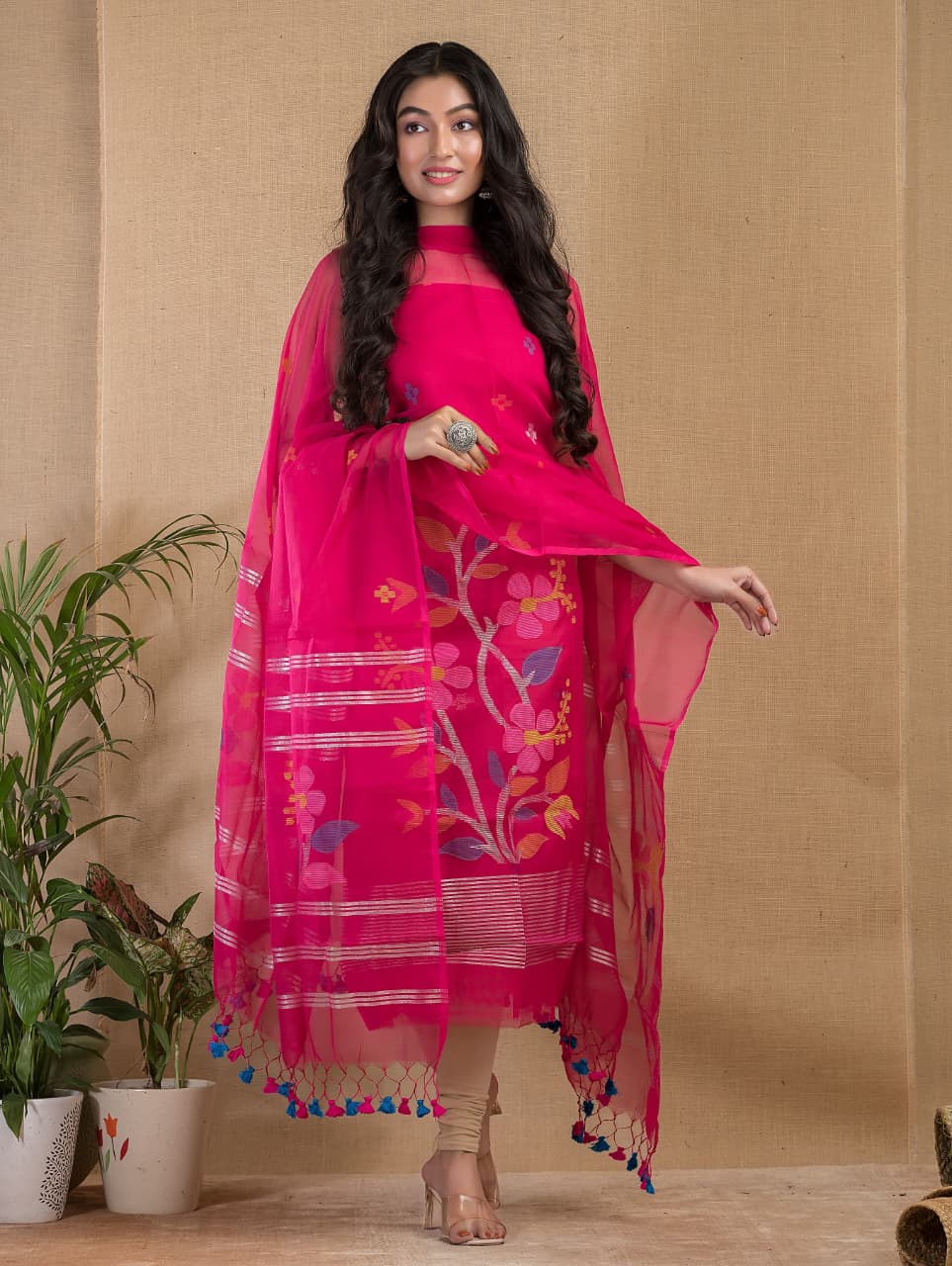 Pink Maslin Jamdani Suit Set | Handwoven | Made in India