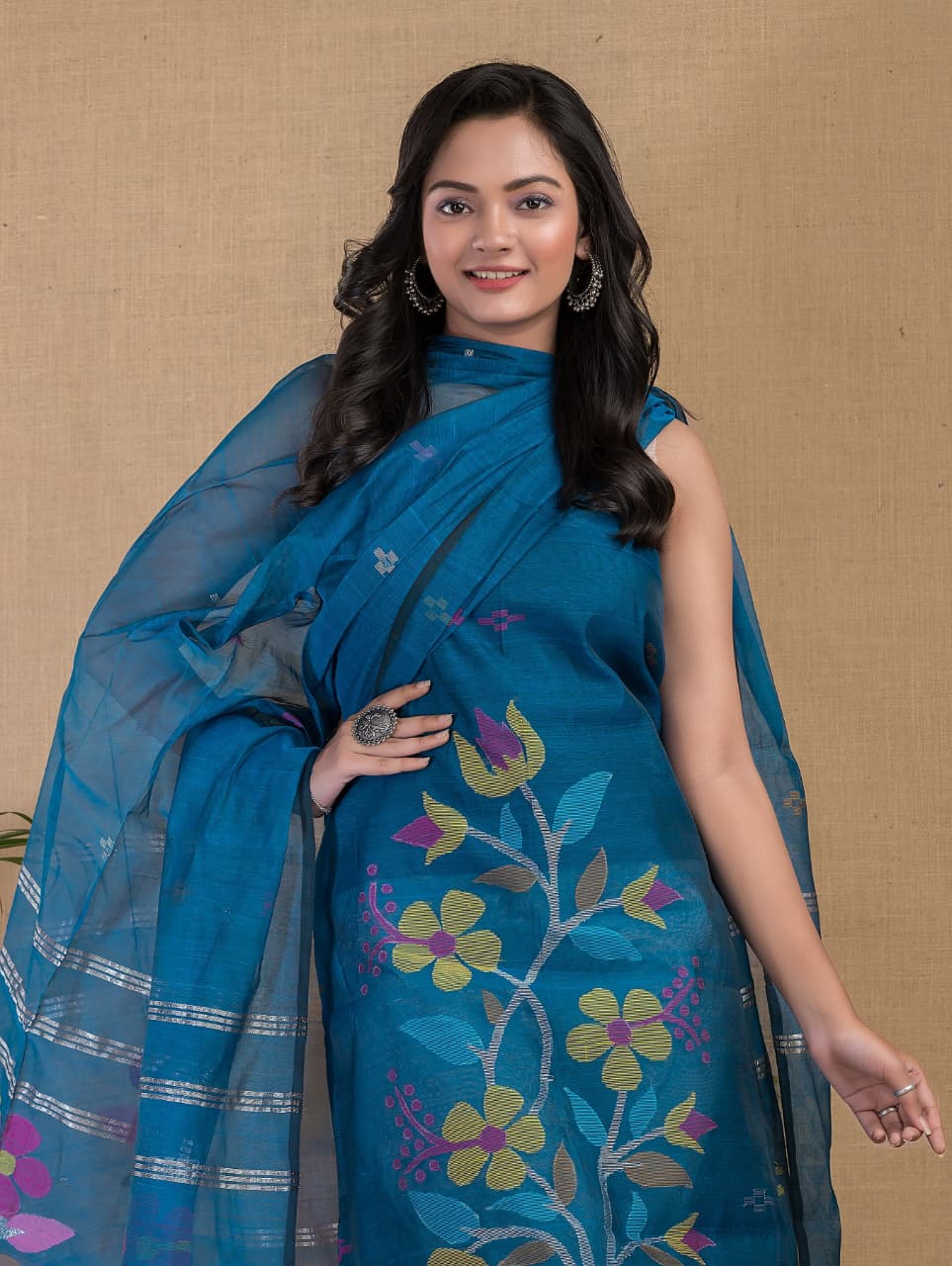 Blue Maslin Jamdani Suit Set | Handwoven | Made in India