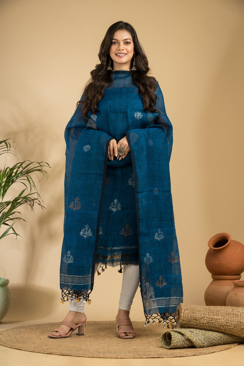 Blue Pure Linen Jamdani Suit Set | 100 Count Linen | Handwoven