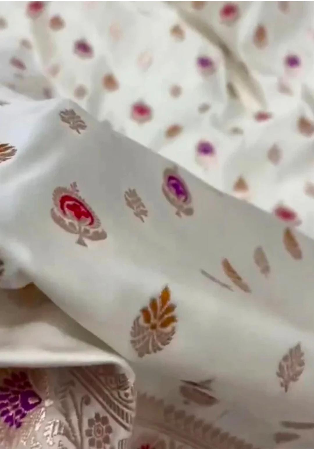 Close-up of patterned fabric with floral designs on a white background