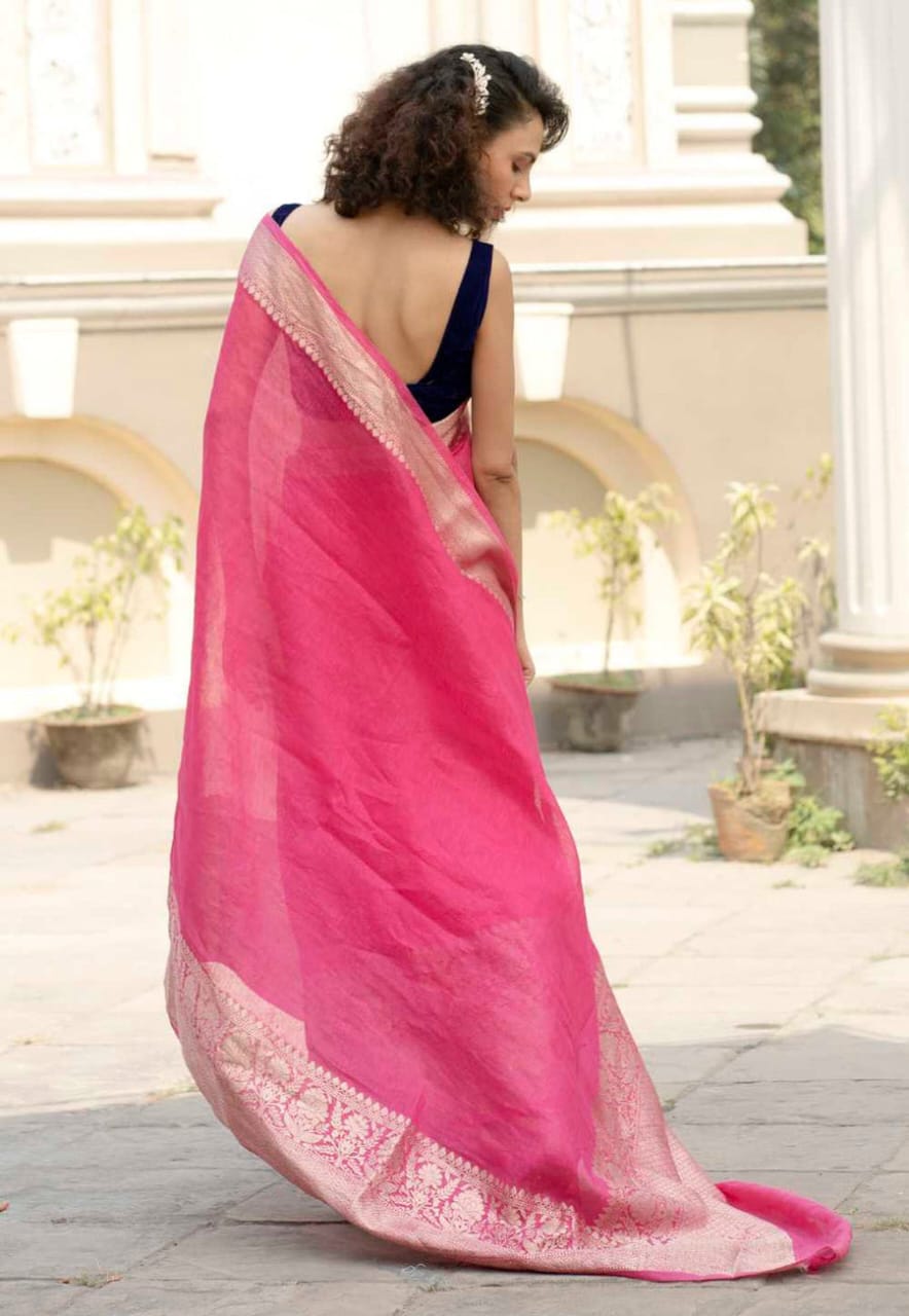Pure Linen Saree with Ikkat Border | Lightweight Ethnic
