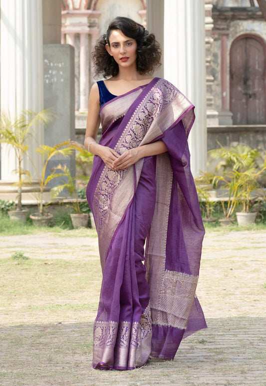 Pure Linen Saree with Ikkat Border | Lightweight Ethnic