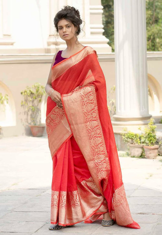Pure Linen Saree with Ikkat Border | Lightweight Ethnic